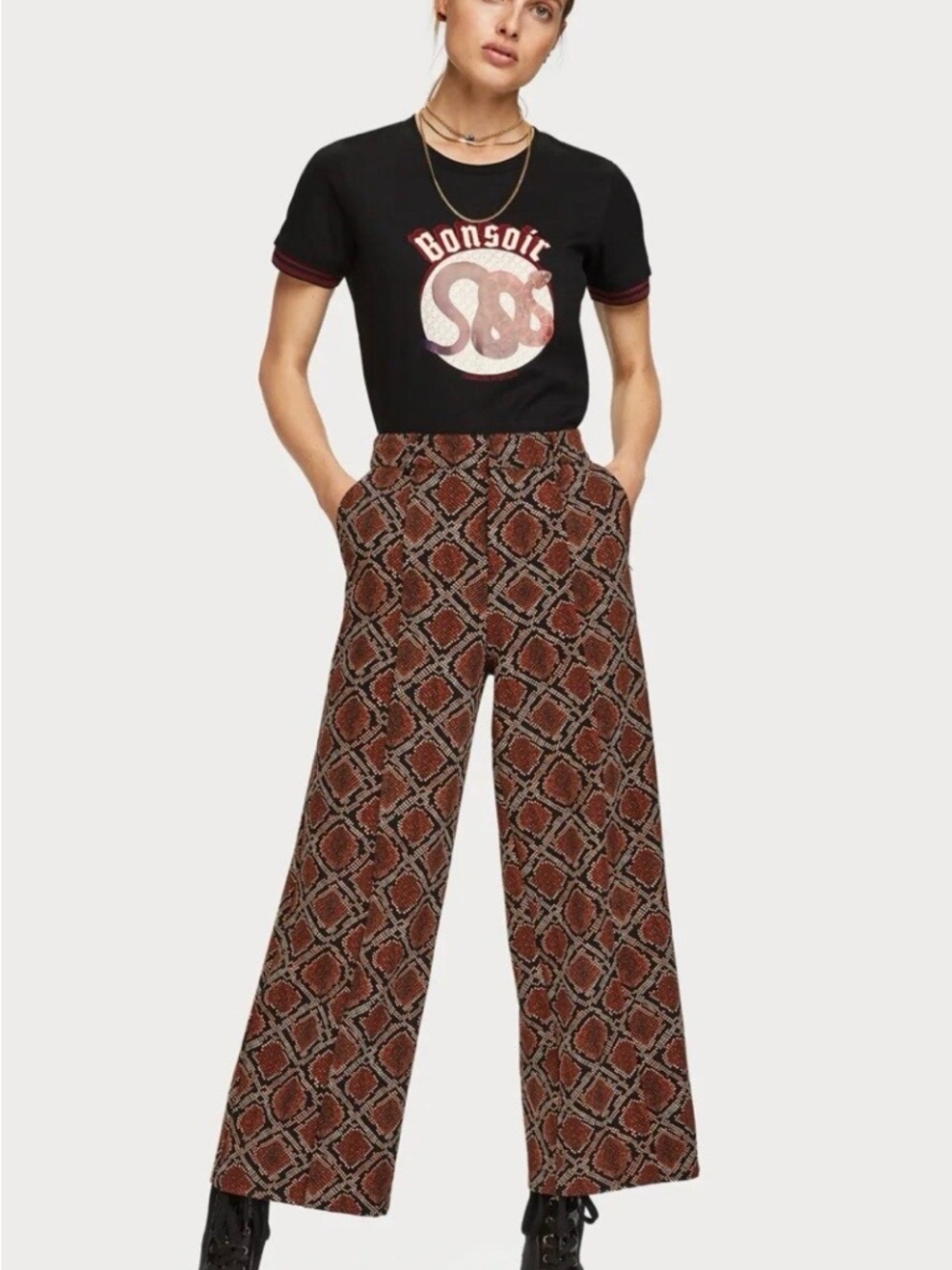 Scotch & Soda Brown and Black Snake-Print High Rise Wide Leg Pants